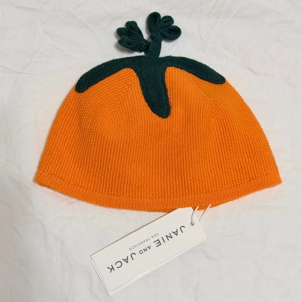 Janie and Jack Baby Pumpkin Knit Hat Orange Green 0-3 Months NWT